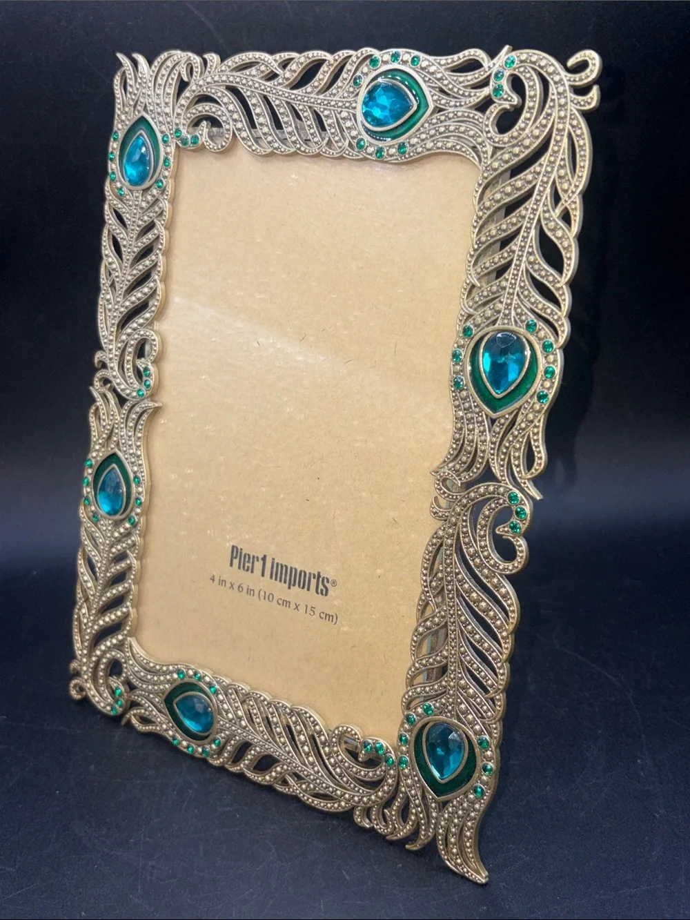 Pier 1 Imports Peacock Feather Enamel Metal Crystal Rhinestone Picture Frame
